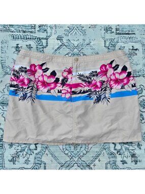Vintage Y2K  Mini Skort Skirt Juniors Size L Beige Pink Floral Hibiscus Print